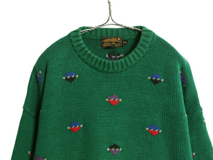 90s イギリス製 エディーバウアー 総柄 デザイン 二ット セーター メンズ XL / オールド 大きいサイズ バーズアイ ヘビーウェイト コットン
