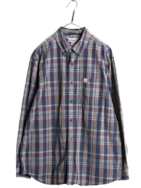 US企画 カーハート チェック ボタンダウン 長袖 シャツ メンズ XL Carhartt ワーク コットン マルチカラー ポケット付き 大きいサイズ 廃盤