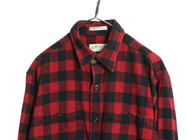00s オービス ブロック チェック ヘビー フランネル シャツ メンズ L / 古着 オールド 長袖シャツ ネルシャツ ツートン アウトドア 赤 黒