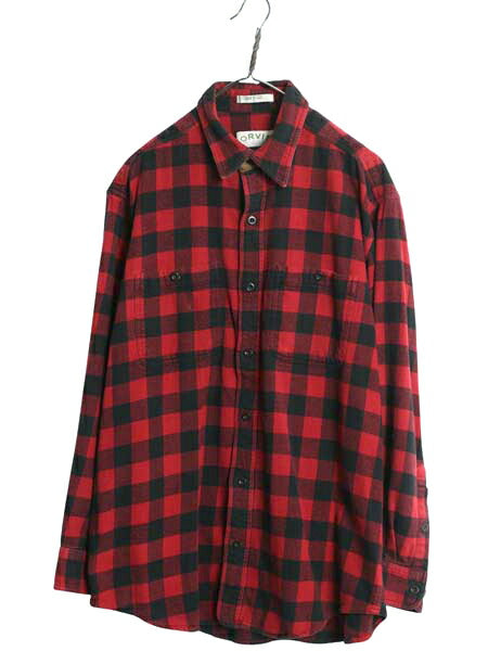 00s オービス ブロック チェック ヘビー フランネル シャツ メンズ L / 古着 オールド 長袖シャツ ネルシャツ ツートン アウトドア 赤 黒