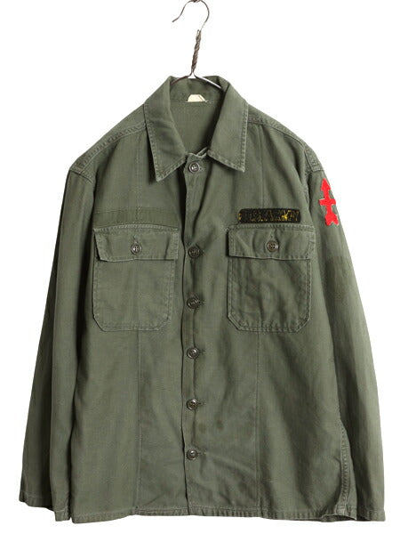 60s 米軍実物 US ARMY コットン サテン ユーティリティ シャツ L 程 古着 ヴィンテージ ミリタリー 軍物 1st 後期 筒袖 OG107 長袖シャツ