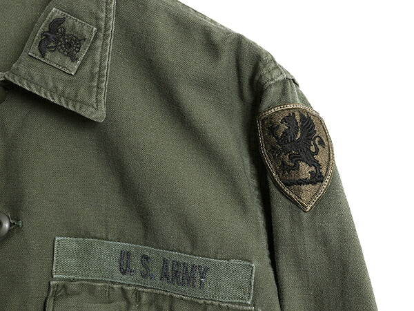 70s 米軍実物 US ARMY コットン サテン ユーティリティ シャツ M ヴィンテージ 70年製 ミリタリー OG107 シャツ袖 3rd 軍物 ワッペン 付き