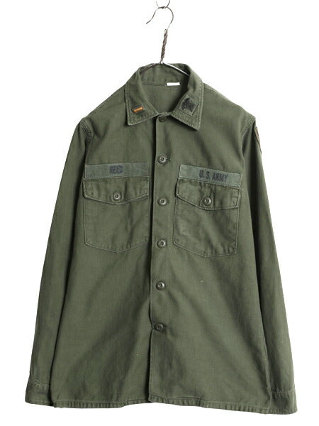 70s 米軍実物 US ARMY コットン サテン ユーティリティ シャツ M ヴィンテージ 70年製 ミリタリー OG107 シャツ袖 3rd 軍物 ワッペン 付き