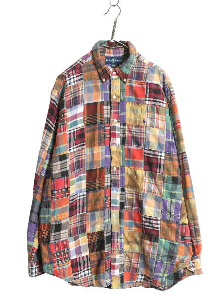 90s ラルフローレン パッチワーク ヘビー フランネル ボタンダウン シャツ メンズ L / オールド ポロ マルチカラー チェック ネルシャツ