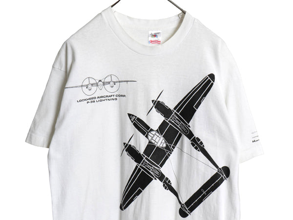 90s USA製 戦闘機 イラスト 両面 プリント Tシャツ メンズ L オールド 当時物 ミリタリー 空軍 シングルステッチ ヘビーウェイト コットン