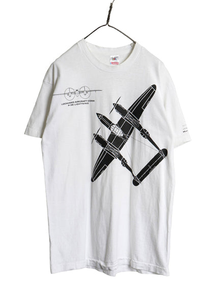 90s USA製 戦闘機 イラスト 両面 プリント Tシャツ メンズ L オールド 当時物 ミリタリー 空軍 シングルステッチ ヘビーウェイト コットン