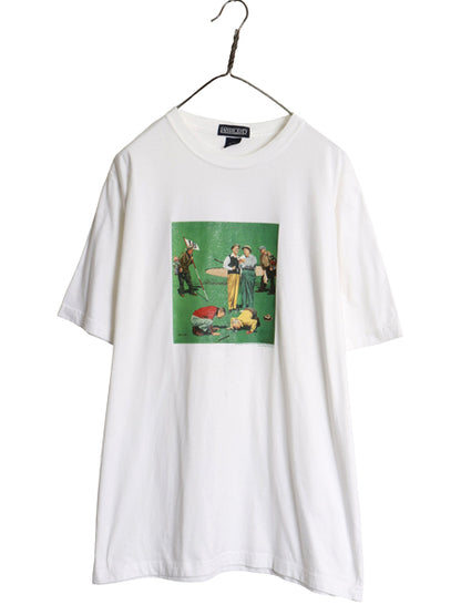 90s ランズエンド イラスト プリント 半袖 Tシャツ メンズ L 古着 オールド ゴルフ アート グラフィック ヘビーウェイト コットン ホワイト