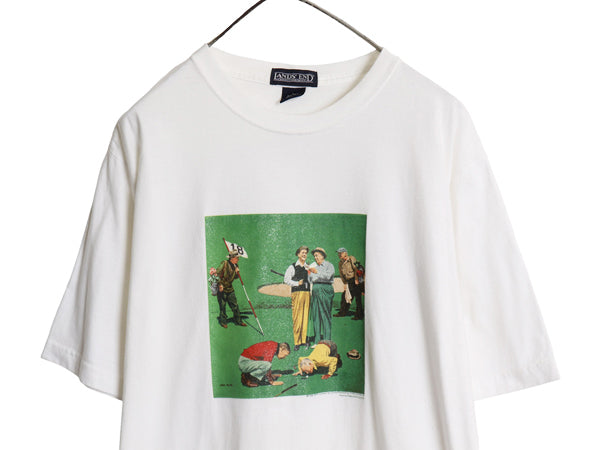 90s ランズエンド イラスト プリント 半袖 Tシャツ メンズ L 古着 オールド ゴルフ アート グラフィック ヘビーウェイト コットン ホワイト