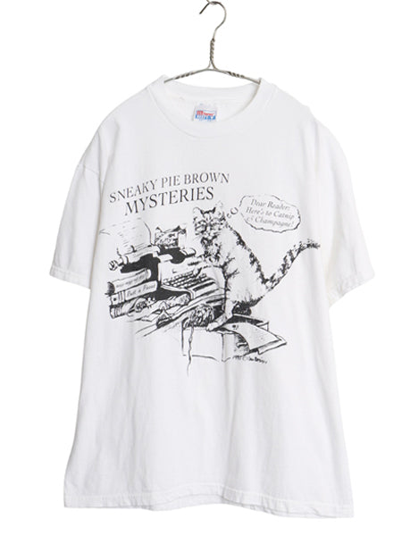 90s ネコ イラスト メッセージ プリント 半袖 Tシャツ メンズ レディース L / オールド アニマル アート グラフィック ヘビーウェイト 白