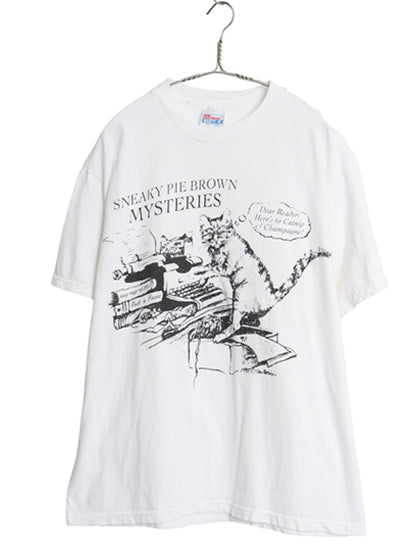 90s ネコ イラスト メッセージ プリント 半袖 Tシャツ メンズ レディース L / オールド アニマル アート グラフィック ヘビーウェイト 白