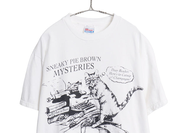 90s ネコ イラスト メッセージ プリント 半袖 Tシャツ メンズ レディース L / オールド アニマル アート グラフィック ヘビーウェイト 白