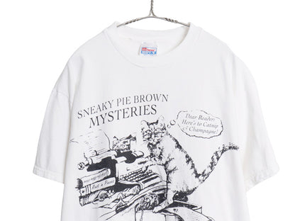 90s ネコ イラスト メッセージ プリント 半袖 Tシャツ メンズ レディース L / オールド アニマル アート グラフィック ヘビーウェイト 白