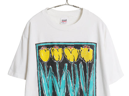 90s USA製 フラワー アート イラスト プリント Tシャツ メンズ レディース XL / オールド グラフィック ヘビーウェイト 大きいサイズ 白 