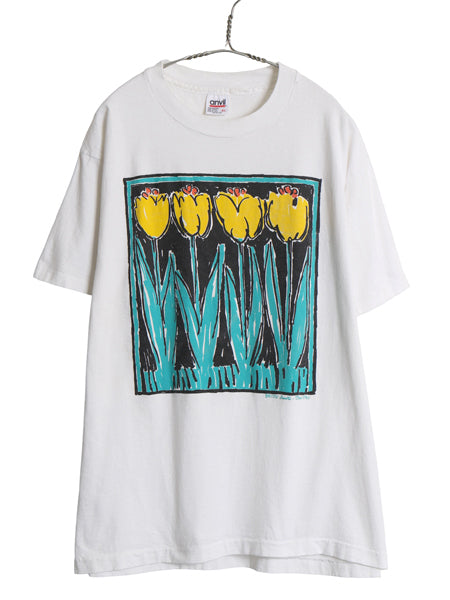 90s USA製 フラワー アート イラスト プリント Tシャツ メンズ レディース XL / オールド グラフィック ヘビーウェイト 大きいサイズ 白 