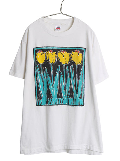 90s USA製 フラワー アート イラスト プリント Tシャツ メンズ レディース XL / オールド グラフィック ヘビーウェイト 大きいサイズ 白 