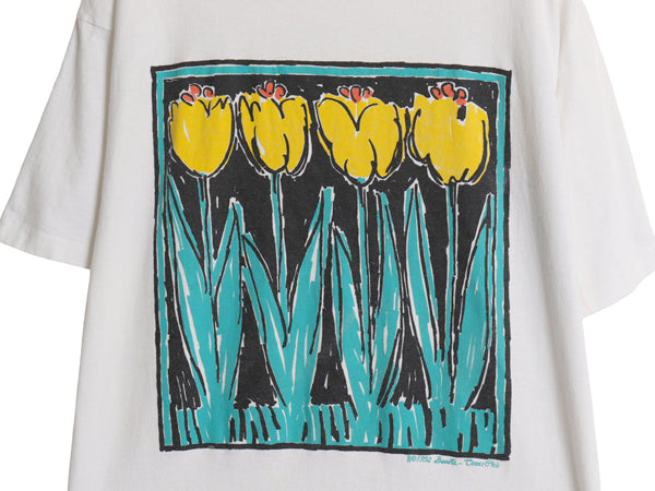 90s USA製 フラワー アート イラスト プリント Tシャツ メンズ レディース XL / オールド グラフィック ヘビーウェイト 大きいサイズ 白 