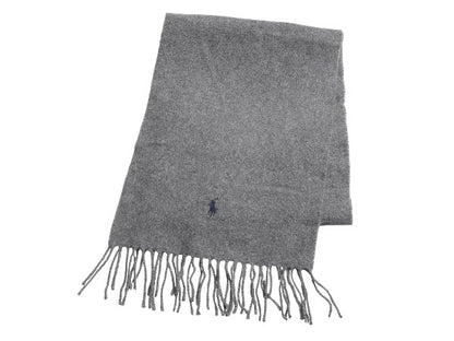 イタリア製 ポロ ラルフローレン マフラー メンズ レディース 古着 無地 フリンジ付き ウール ワンポイント 防寒 シンプル グレー ビジネス