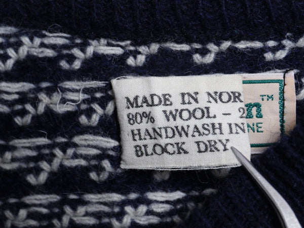 80s ノルウェー製 ★ エルエルビーン バーズアイ ニット セーター レディース S / 古着 ヴィンテージ ウール ノルディック 総柄 短丈 紺 白