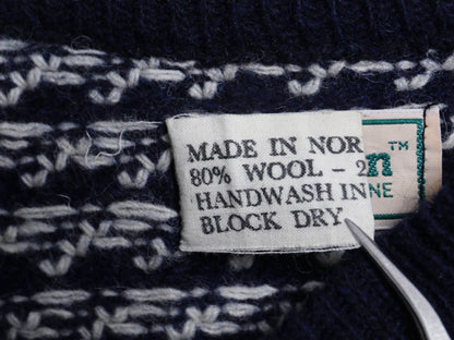 80s ノルウェー製 ★ エルエルビーン バーズアイ ニット セーター レディース S / 古着 ヴィンテージ ウール ノルディック 総柄 短丈 紺 白