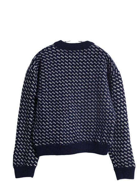 80s ノルウェー製 ★ エルエルビーン バーズアイ ニット セーター レディース S / 古着 ヴィンテージ ウール ノルディック 総柄 短丈 紺 白