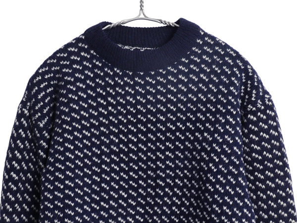 80s ノルウェー製 ★ エルエルビーン バーズアイ ニット セーター レディース S / 古着 ヴィンテージ ウール ノルディック 総柄 短丈 紺 白