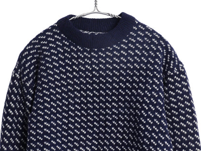 80s ノルウェー製 ★ エルエルビーン バーズアイ ニット セーター レディース S / 古着 ヴィンテージ ウール ノルディック 総柄 短丈 紺 白