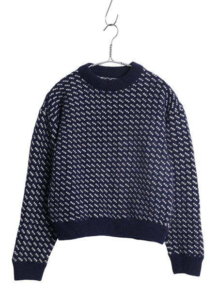 80s ノルウェー製 ★ エルエルビーン バーズアイ ニット セーター レディース S / 古着 ヴィンテージ ウール ノルディック 総柄 短丈 紺 白