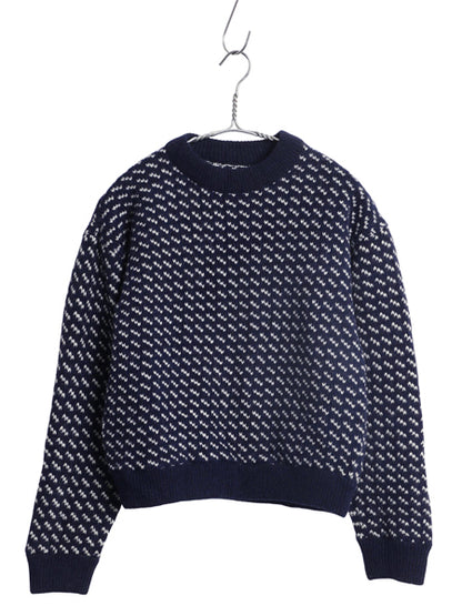 80s ノルウェー製 ★ エルエルビーン バーズアイ ニット セーター レディース S / 古着 ヴィンテージ ウール ノルディック 総柄 短丈 紺 白