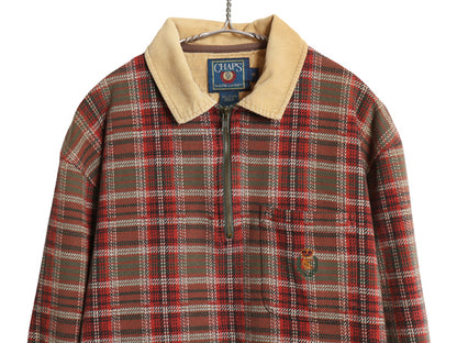 80s チャップス ラルフローレン ハーフジップ チェック 長袖 ポロシャツ メンズ M / ヴィンテージ ポロ 襟 コーデュロイ ワンポイント ロゴ