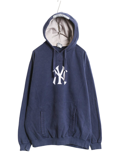 ヤンキース スウェット フード パーカー メンズ L 程/ MLB オフィシャル トレーナー 裏起毛 ヘビーウェイト 大リーグ シンプル ロゴ刺繍 紺