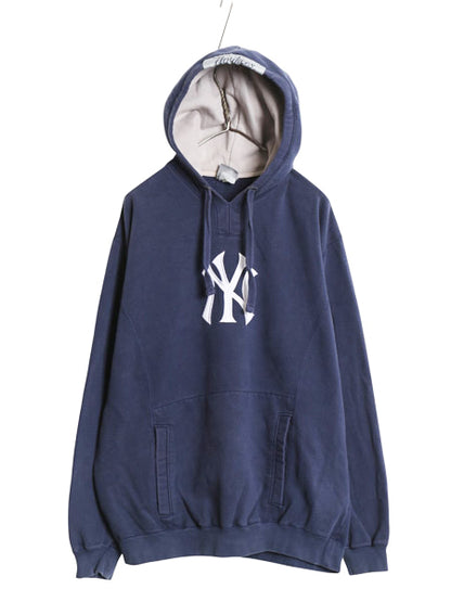 ヤンキース スウェット フード パーカー メンズ L 程/ MLB オフィシャル トレーナー 裏起毛 ヘビーウェイト 大リーグ シンプル ロゴ刺繍 紺