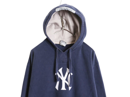 ヤンキース スウェット フード パーカー メンズ L 程/ MLB オフィシャル トレーナー 裏起毛 ヘビーウェイト 大リーグ シンプル ロゴ刺繍 紺