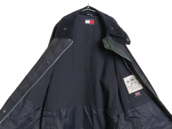 90s イギリス製 ★ トミーヒルフィガー オイルド ジャケット メンズ L 古着 オールド ブラックウォッチ チェック ハーフ コート フルジップ