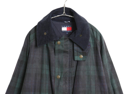 90s イギリス製 ★ トミーヒルフィガー オイルド ジャケット メンズ L 古着 オールド ブラックウォッチ チェック ハーフ コート フルジップ