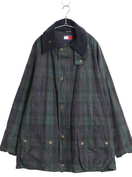 90s イギリス製 ★ トミーヒルフィガー オイルド ジャケット メンズ L 古着 オールド ブラックウォッチ チェック ハーフ コート フルジップ