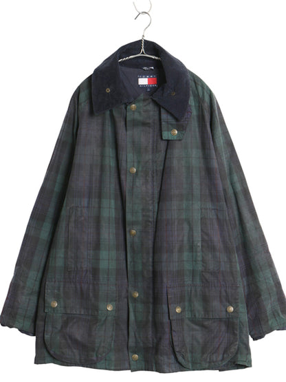 90s イギリス製 ★ トミーヒルフィガー オイルド ジャケット メンズ L 古着 オールド ブラックウォッチ チェック ハーフ コート フルジップ