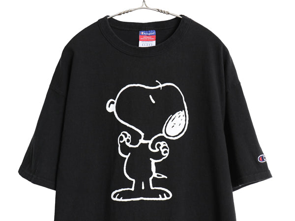 00s スヌーピー x チャンピオン イラスト プリント Tシャツ メンズ レディース L / 古着 オールド キャラクター 目付き ヘビーウェイト 黒