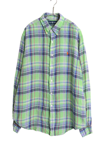 90s ラルフローレン マドラス チェック 長袖 ボタンダウン シャツ メンズ XL オールド 100% リネン 長袖シャツ ワンポイント 大きいサイズ