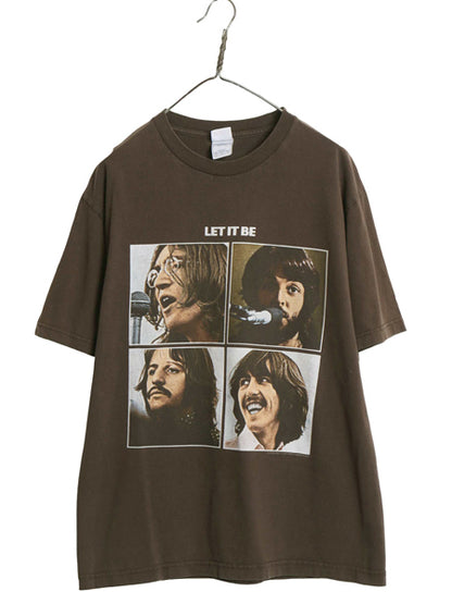 00s ビートルズ フォト イラスト プリント Tシャツ メンズ L / 古着 オールド オフィシャル バンド ロック グラフィック ヘビーウェイト 茶