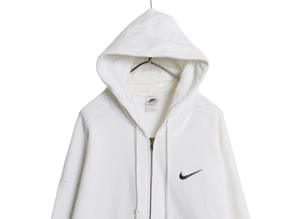 90s USA製 ナイキ スウッシュ 刺繍 スウェット フード パーカー メンズ XL オールド フルジップ トレーナー 裏起毛 大きいサイズ ホワイト