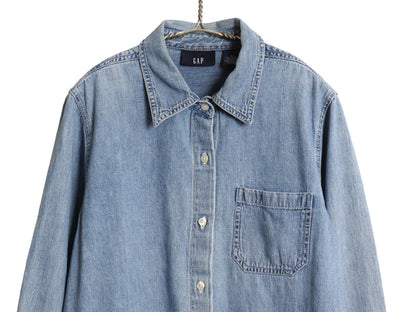00s オールド ギャップ 長袖 デニム シャツ レディース M 紺タグ 旧タグ コットン 長袖シャツ ポケット付き ワーク 無地 カジュアル ブルー