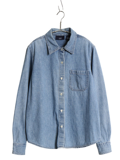00s オールド ギャップ 長袖 デニム シャツ レディース M 紺タグ 旧タグ コットン 長袖シャツ ポケット付き ワーク 無地 カジュアル ブルー