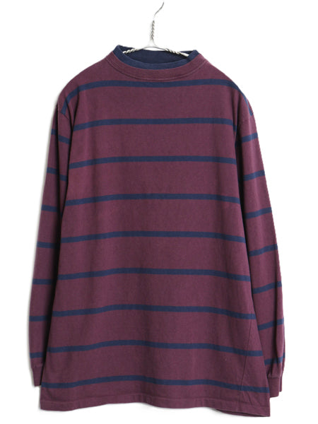 90s USA製 ボーダー 長袖 Tシャツ メンズ L 古着 オールド ロンT モックネック ダブルネック コットン カットソー ロングTシャツ ツートン