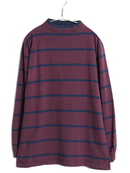 90s USA製 ボーダー 長袖 Tシャツ メンズ L 古着 オールド ロンT モックネック ダブルネック コットン カットソー ロングTシャツ ツートン