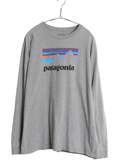 パタゴニア プリント 長袖 Tシャツ メンズ L 古着 17年製 アウトドア ロンT ロングスリーブ P-6 グラフィック ショップ ステッカー グレー