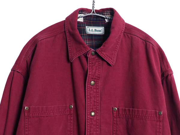 90s エルエルビーン ダック 長袖 シャツ メンズ L / 古着 オールド チェック フランネル ライナー付き ジャケット ワーク アウトドア 無地 