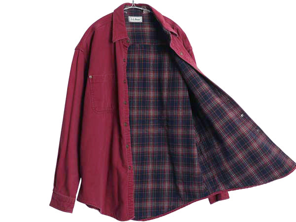 90s エルエルビーン ダック 長袖 シャツ メンズ L / 古着 オールド チェック フランネル ライナー付き ジャケット ワーク アウトドア 無地 