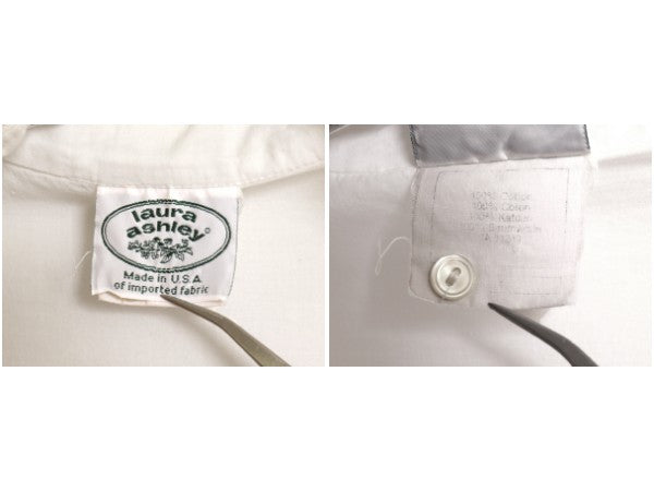 80s USA製 LAURA ASHLEY レース付き バンドカラー 長袖 シャツ レディース M ヴィンテージ コットン ブラウス ドレス パフスリーブ 無地 白