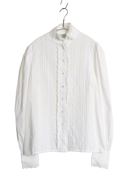 80s USA製 LAURA ASHLEY レース付き バンドカラー 長袖 シャツ レディース M ヴィンテージ コットン ブラウス ドレス パフスリーブ 無地 白