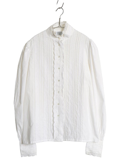 80s USA製 LAURA ASHLEY レース付き バンドカラー 長袖 シャツ レディース M ヴィンテージ コットン ブラウス ドレス パフスリーブ 無地 白